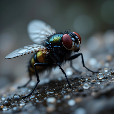 Macro shot of a fly on a rock with water dropletsの素材
