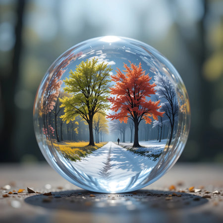 Transparent glass ball with autumn trees in the forest. 3D renderingの素材