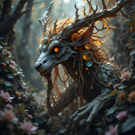3D rendering of a fantasy dragon in the forest with flowers and plantsの素材