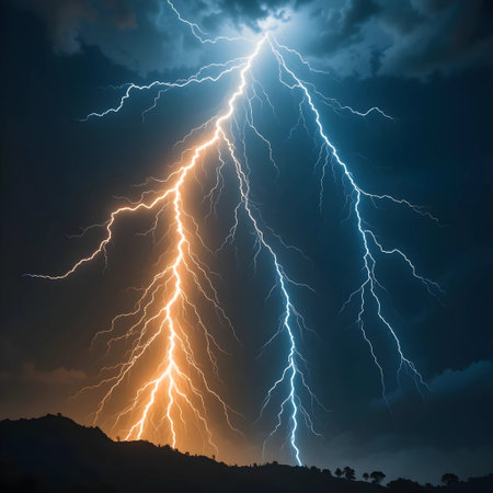Lightning strike on dark sky background. Thunderstorm and lightning.の素材