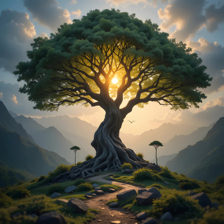 Tree in the mountains in the rays of the setting sun. 3d renderingの素材