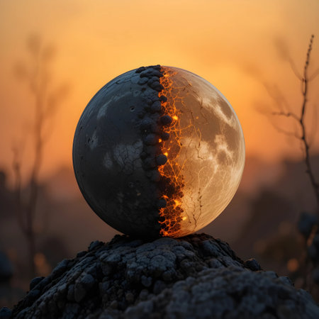 Glowing Earth Globe on the Volcanic Rocks in the Desert at Sunsetの素材