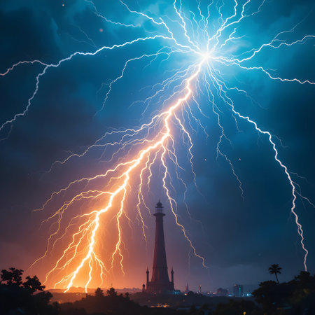 Lightning strike over Monument to the Discoveries in Bangkok, Thailandの素材
