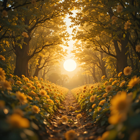 Sunflower field in the morning. Sunlight through the trees.の素材