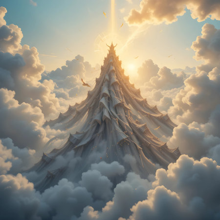 Fantastic pine tree in the clouds. 3D illustration.の素材