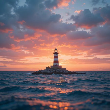 Lighthouse on the island in the sea at sunset. 3d renderingの素材
