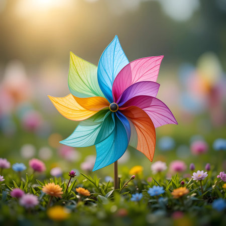 Colorful windmill in the garden. 3d render illustration.の素材