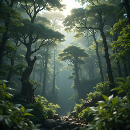 Beautiful landscape of green forest in the morning light with fog and sunlightの素材