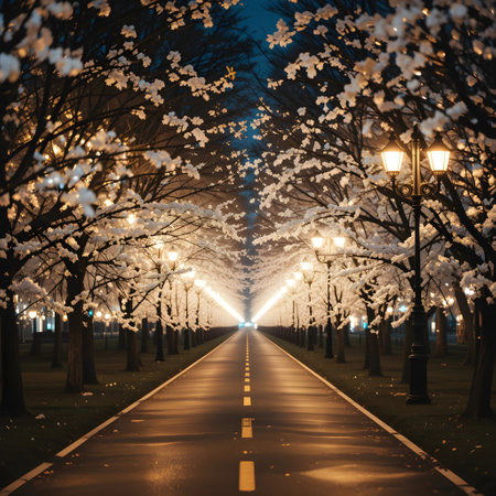 Night city park with alley of blooming trees and street lamps.の素材