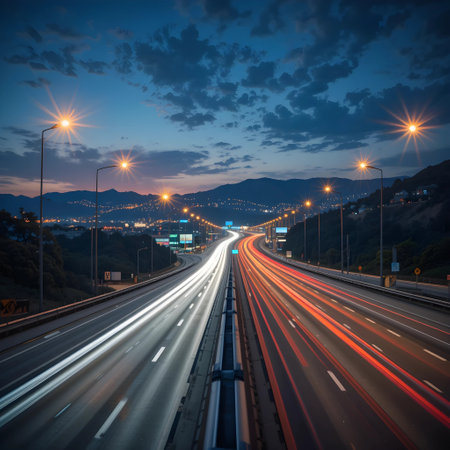 Highway at night with light trails in Hong Kong, China.の素材