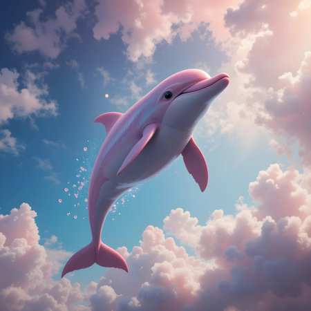 Dolphin jumping out of the clouds. 3d render illustration.の素材