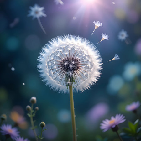 Dandelion flower with flying seeds in the morning light. Nature background.の素材