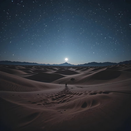 desert sand dunes at night with starry sky and moonの素材