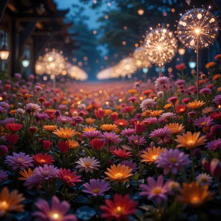 Flower garden at night with firework in the sky, Thailand.の素材