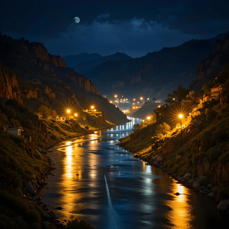 Beautiful night view of the mountains and the river at night.の素材