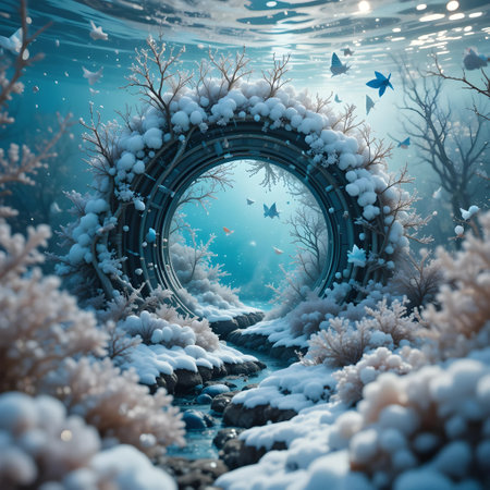 Fantasy landscape with a tunnel in the sea. 3d renderの素材