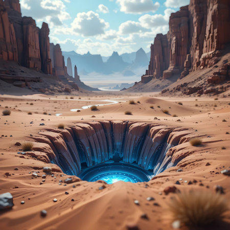 3D rendering of an alien planet with a blue hole in itの素材