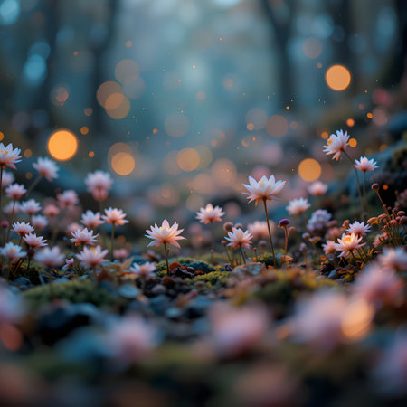 Beautiful spring flowers in the forest at sunset. Selective focus.の素材