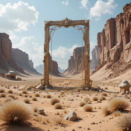 3D rendering of a desert landscape with a golden frame in the foregroundの素材
