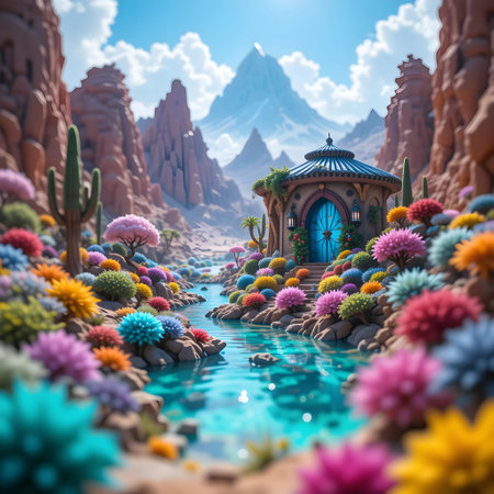 Cactus garden with blue sky background, 3d render illustration.の素材