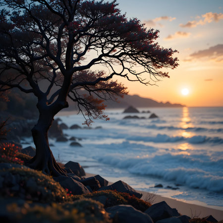 Beautiful seascape with lonely tree at sunset. Nature composition.の素材