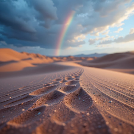 Sunset in the desert with sand dunes and rainbow in the skyの素材
