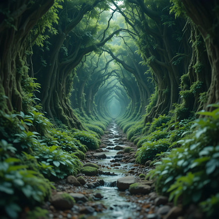 Mysterious green forest with a stream flowing through it. Fantasy conceptの素材