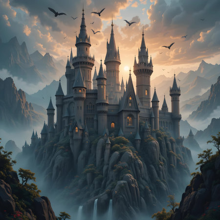 Magic Fairy Tale Princess Castle in the mountains at sunset. Fantasy fantasy landscape. 3D Renderingの素材