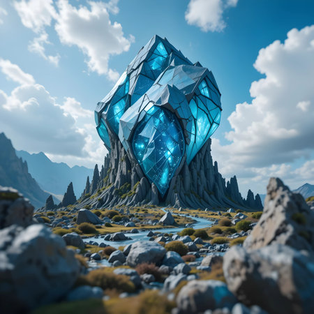 3D illustration of a fantasy landscape with a stone and a blue crystalの素材