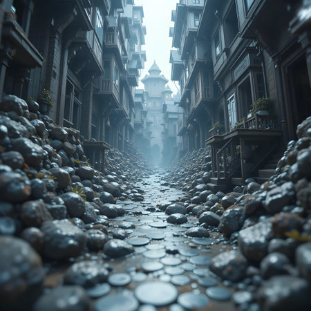 3d rendering of a stone path in the middle of the cityの素材