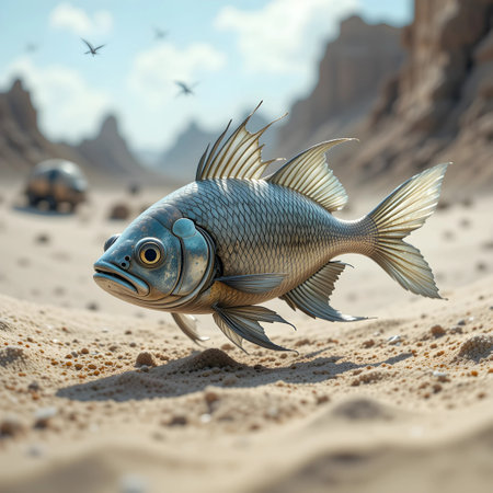 Fish in the sand. 3D render. Elements of this image furnished by NASAの素材