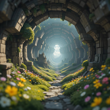 3d render of fantasy garden with stone path and flowers.の素材