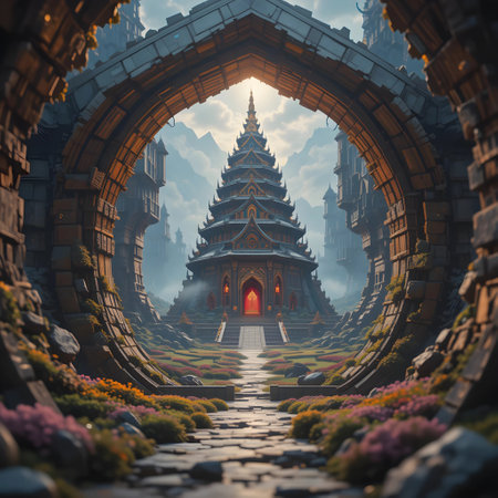 3D render of a fantasy landscape with a temple in the middleの素材
