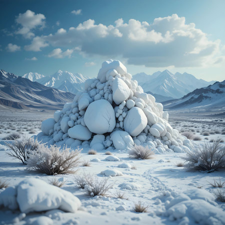 Fantasy landscape with snow-capped mountains. 3d renderingの素材
