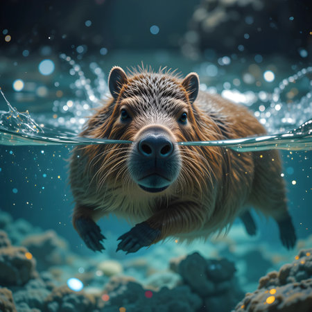 Capybara swimming in the water. 3D illustration. Underwater world.の素材