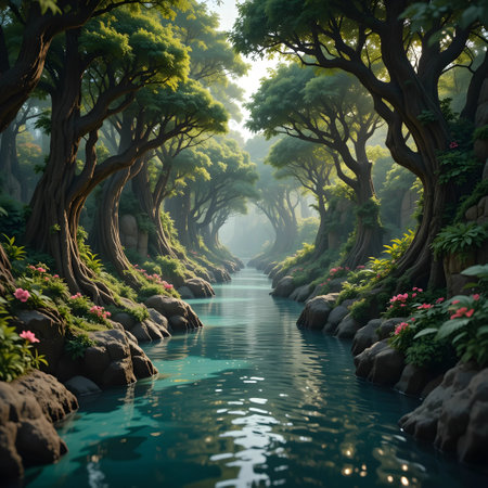 Fantasy landscape with green forest and river in the morning. 3d renderingの素材