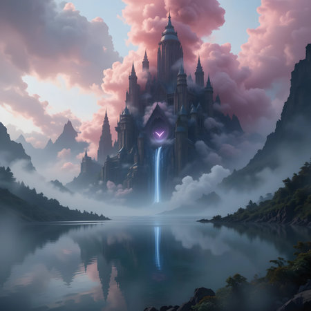 Fantasy landscape with fantasy castle and lake. 3D illustration.の素材