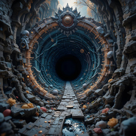 3D CG rendering of fantasy space ship hallway with portal and stairsの素材