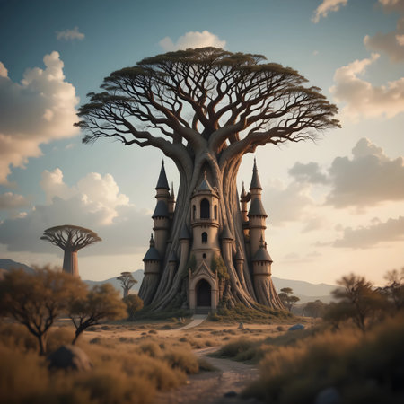Fantasy landscape with baobab tree and castle. 3d renderの素材