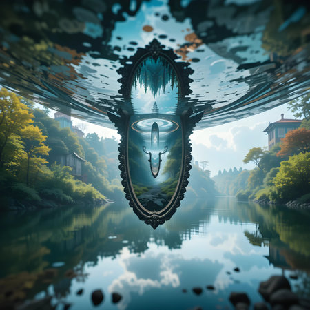 3d illustration of a boat in a river with reflection in waterの素材