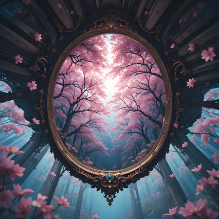 3D rendering of a cherry blossom garden with a golden frameの素材