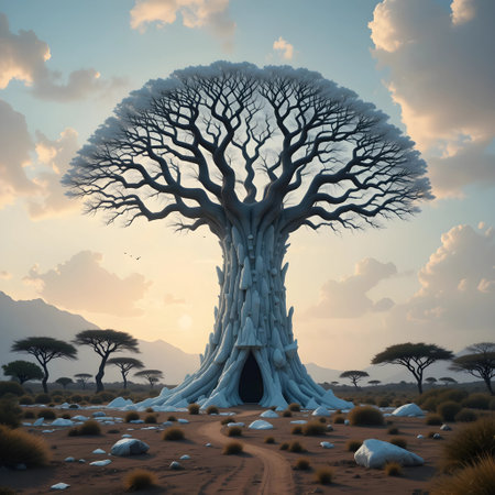African baobab tree in the desert at sunset. 3d renderの素材