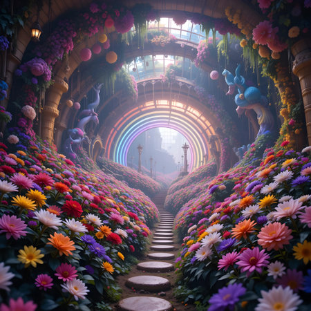 Beautiful flower garden with rainbow,3d rendering. Computer digital drawing.の素材