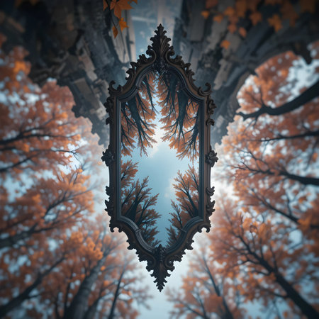 Vintage frame in the autumn forest. 3d render illustration.の素材