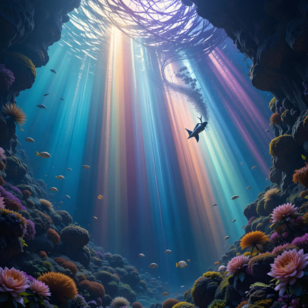 Underwater scene with coral reef and diver. 3D render.の素材
