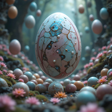 Colorful easter eggs in the forest. 3D illustration.の素材