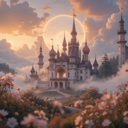 Magic castle in the fog. Fantasy landscape with fantasy castle and flowers.の素材