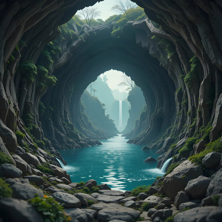 Fantasy landscape with a cave and a waterfall. 3d renderingの素材