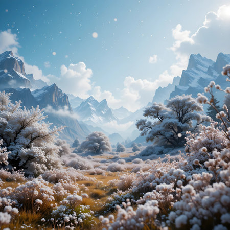 Mountain landscape with forest and snowflakes at sunrise. 3d renderの素材