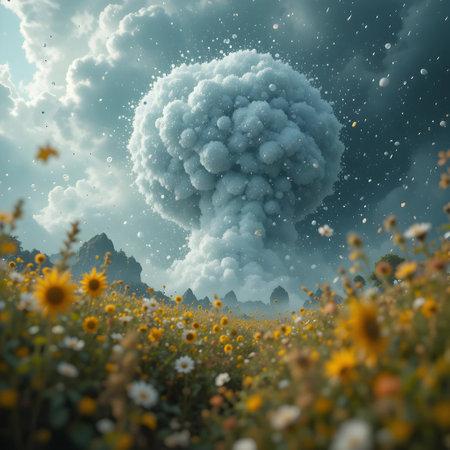 Conceptual image of nuclear explosion over field of sunflowersの素材